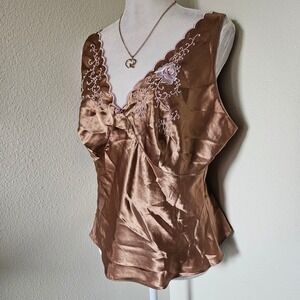 Inner Most Sears Vintage Bronze Satin Camisole Floral Embroidered Top